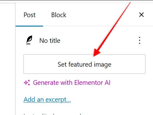 A screenshot of a WordPress post editor shows the "Set featured image" button highlighted by a red arrow, with options like "Generate with Elementor AI" and "Add an excerpt..." visible below. - TrenStar