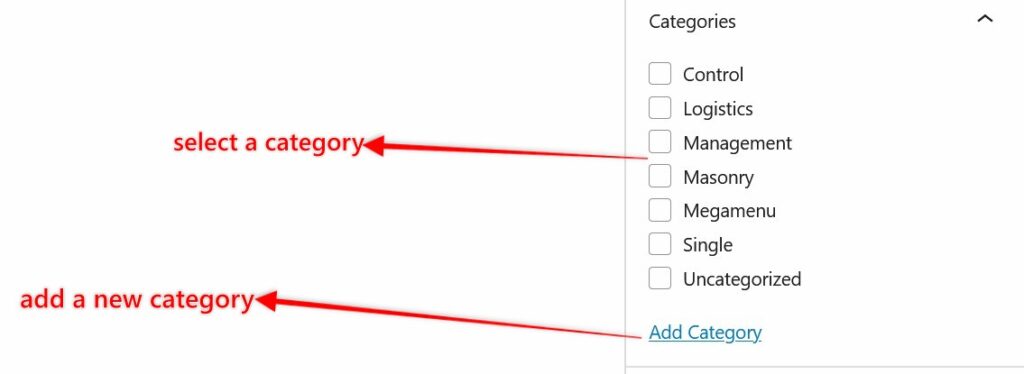 A list of categories with tickboxes, including Control, Logistics, Management, Masonry, Megamenu, Single, and Uncategorized. Arrows label “select a category” and “add a new category” next to “Add Category” link. - TrenStar