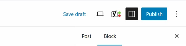 Screenshot of a website editor's top menu bar showing options to "Save draft," "Publish," and toggle between editor views. The "Post" and "Block" tabs are visible below the menu. - TrenStar