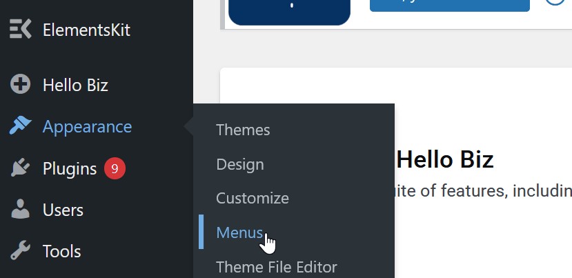 A computer screen shows the WordPress admin dashboard with the Appearance menu expanded; a cursor hovers over the "Menus" option. - TrenStar