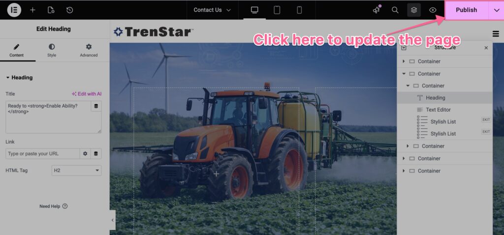 Screenshot of a website editor showing a tractor in a field. The “Publish” button in the top right corner is highlighted with a pink arrow and text that says, “Click here to update the page.”. - TrenStar