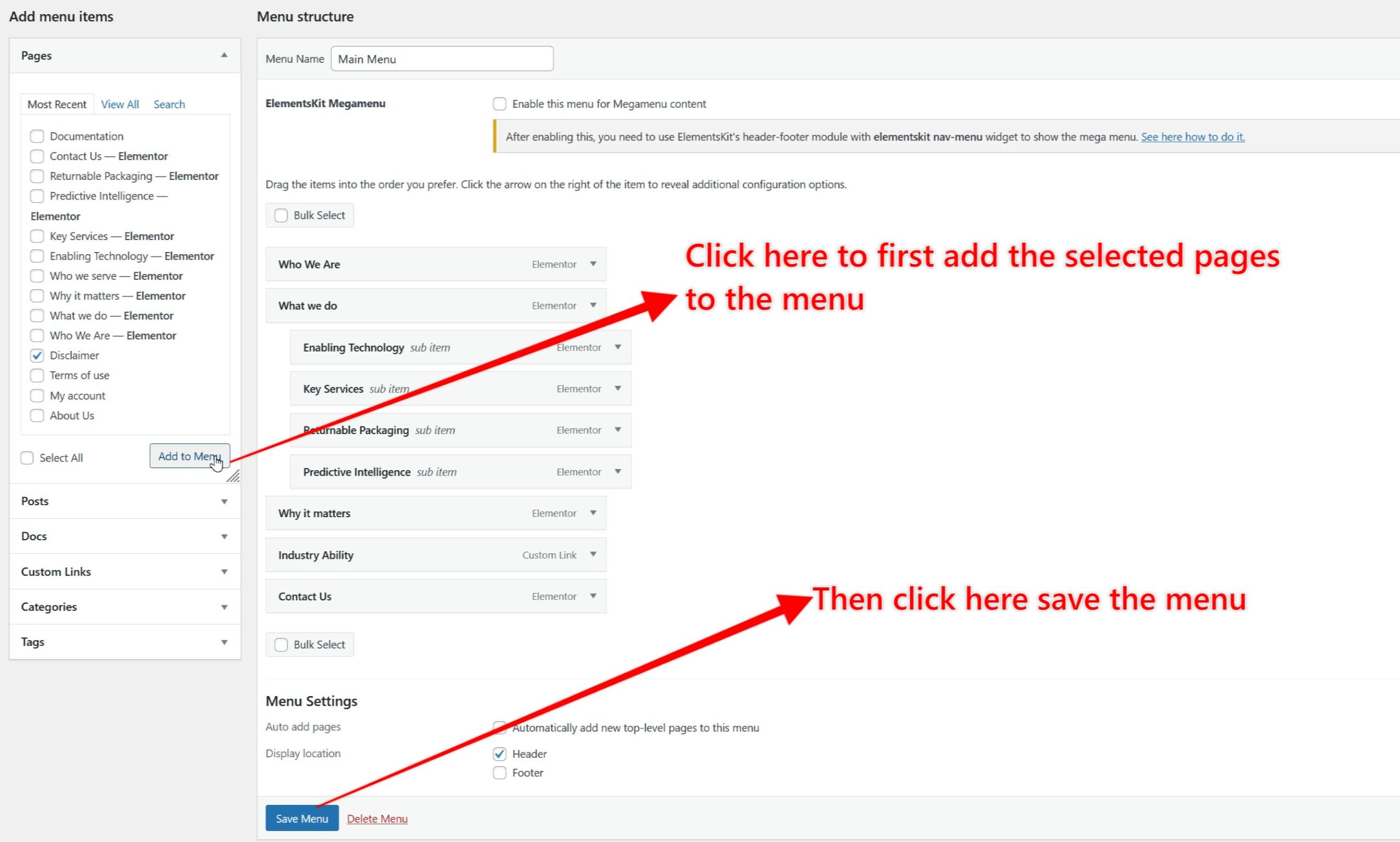 A WordPress menu editor screen with two red arrows and text: "Click here to first add the selected pages to the menu" pointing to the "Add to Menu" button, and "Then click here to save the menu" pointing to the "Save Menu" button. - TrenStar