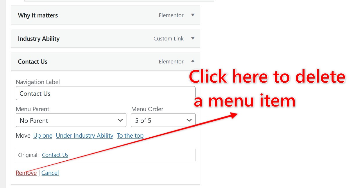 A website menu editing interface with a red arrow and text pointing to the "Remove" link, instructing the user to click there to delete a menu item. - TrenStar