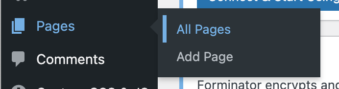 A website menu is open, showing the "Pages" section with options to view "All Pages" or "Add Page." The "Comments" section is also visible below "Pages". - TrenStar
