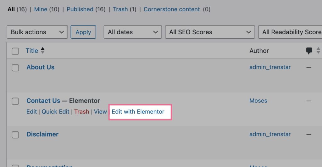 A WordPress admin page shows a list of posts or pages. The cursor highlights the "Edit with Elementor" option under the "Contact Us — Elementor" page title. Other options include Edit, Quick Edit, Bin, and View. - TrenStar