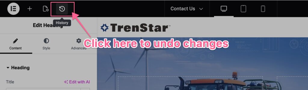 A screenshot of a website editor with a pink arrow pointing to the "History" undo button; text reads "Click here to undo changes. - TrenStar